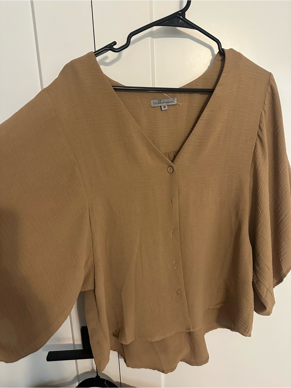 Relaxed V-Neck Button-Front Blouse in Tan